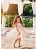 Light Peach Tulle Pearls V Back Short Flower Girl Dress